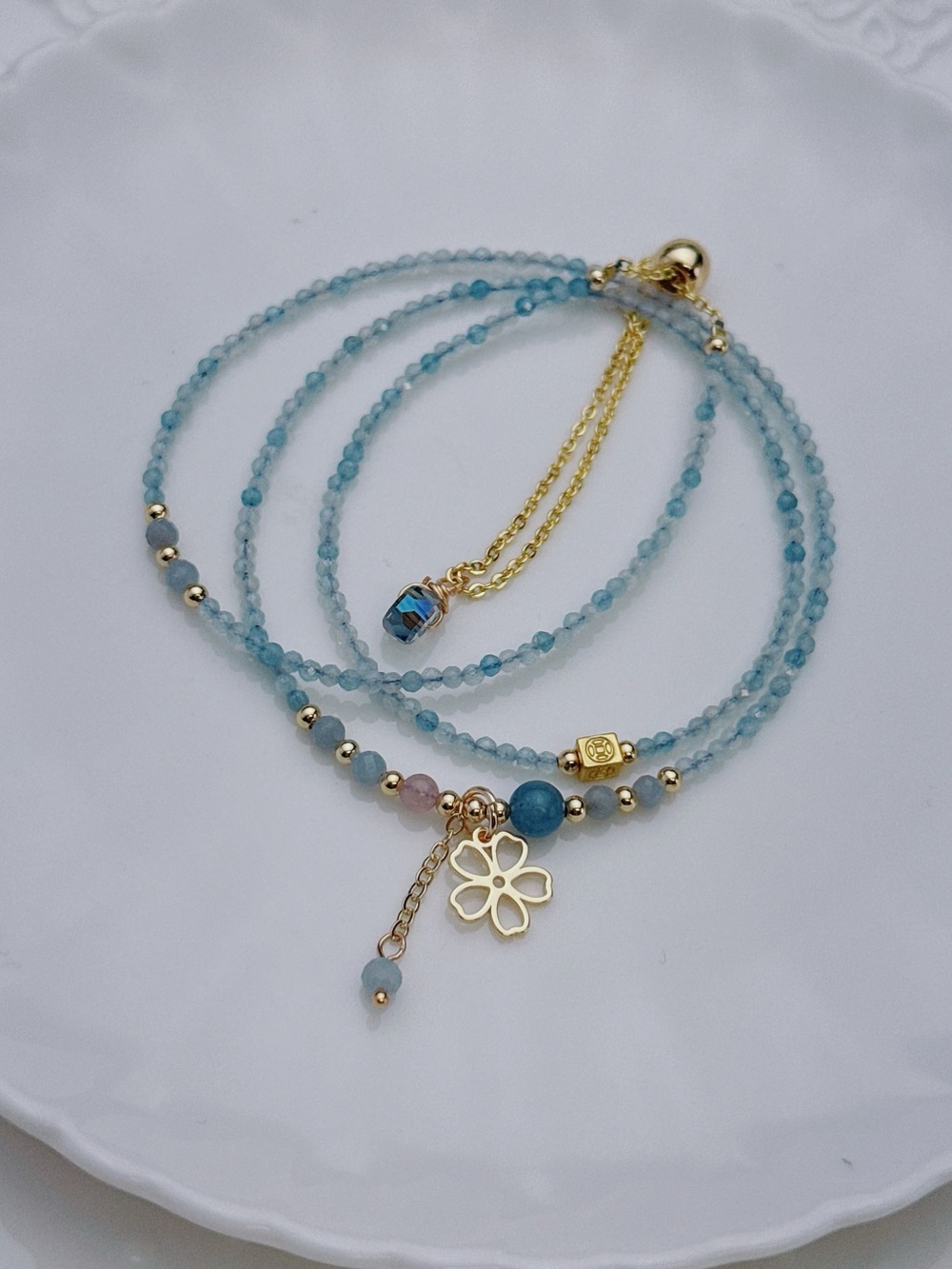 GB97 Handmade Aqua Marine Tripe Layer Bracelet Necklace 2in1 20+5”